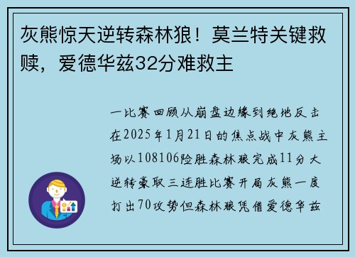 灰熊惊天逆转森林狼！莫兰特关键救赎，爱德华兹32分难救主
